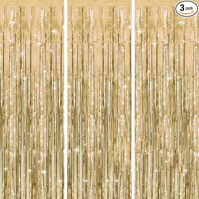 jijAcraft Champagne Gold Tinsel Foil Fringe Curtain, 3 Pack 3.2x6.5 Feet Light by jijAcraft