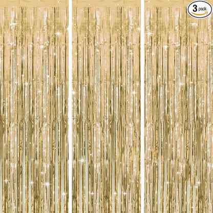 jijAcraft Champagne Gold Tinsel Foil Fringe Curtain, 3 Pack 3.2x6.5 Feet Light by jijAcraft