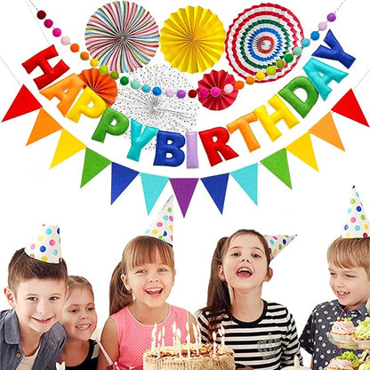 3 Pcs Pre-Strung Happy Birthday Banner, Felt Ball Garland, Pennant Triangle - Image 6
