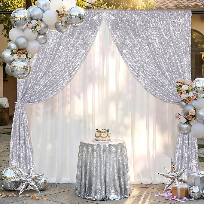 Silver Sequin Backdrop Curtains-2 Panels 3FTx8FT Silver Backdrop - Image 6