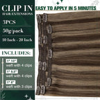 RUNATURE Clip in Hair Extensions Real Human Hair Dark Brown Highlight Soft Silky Human Hair Clip in Extensions 50g 3pcs 18 Inch #3P12 Brown Highlight Blonde