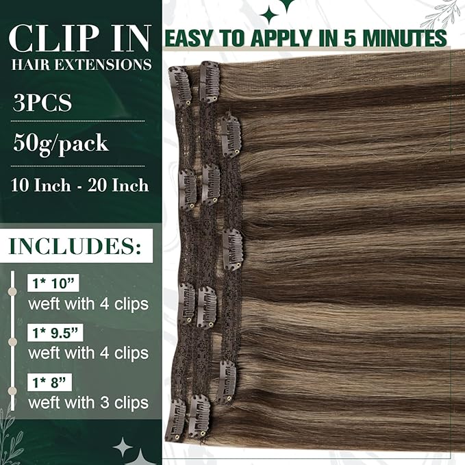 RUNATURE Real Hair Extensions Clip in Human Hair, Remy Clip in Hair Extensions Real Human Hair, Tangle-free Soft Natural Hair for Women, 12 Inch 50g 3pcs #3P12 Walnut Brown Highlight Blonde