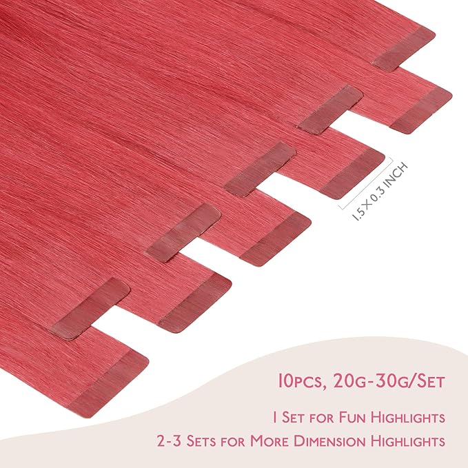 WENNALIFE Tape in Hair Extensions Human Hair Coral Red Tape in Extensions, 10pcs 25g 16 inch Remy Invisible Tape Ins Straight Colored Soft Real Human Hair Tape in Extensions Refill Set Extensions