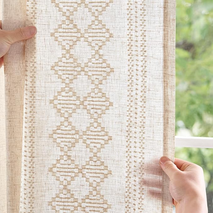 jinchan Floral Linen Curtains Embroidered Back Tab 50x96in 2 Panels Ivory | - Image 3