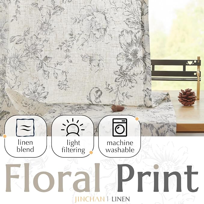 jinchan Grey Floral Linen Curtains 90 Inch Vintage Back Tab 2 Panels | Light - Image 3