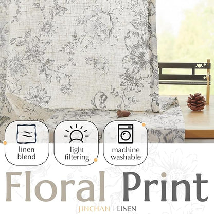 jinchan Grey Floral Linen Curtains 90 Inch Vintage Back Tab 2 Panels | Light - Image 3