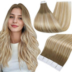 Full Shine Tape Hair Extensions Human Hair 16 Inch 50 Grams Tape in Hair Extensions Double Sided Color 6 Fading to 27 Honey Blonde Highlight 60 Blonde Seamless Skin Weft Extensions 20PCS Add Volume