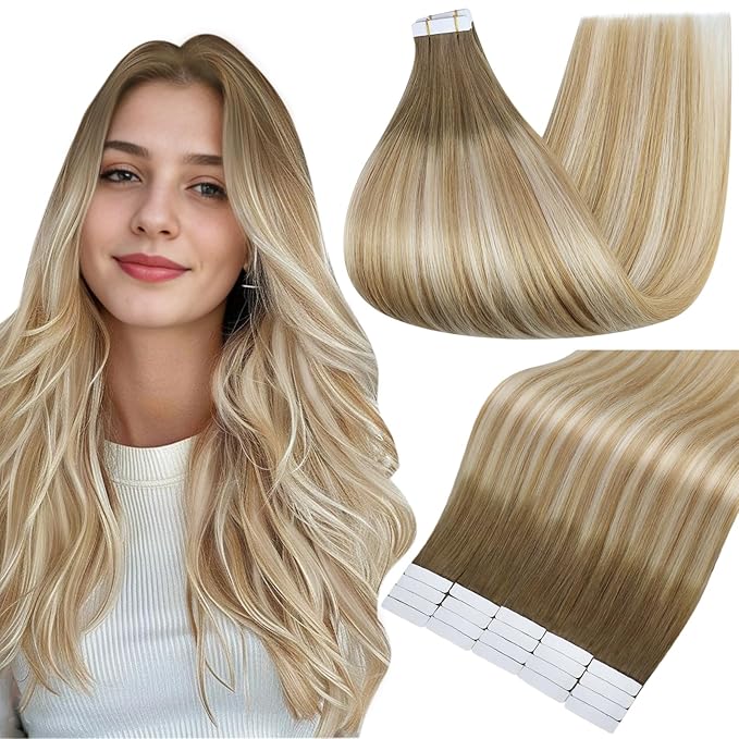 Full Shine Tape in Hair Extensions Ombre Human Hair 20 Inch 50g Real Hair Tape in Extensions Balayage Color 6 Chestnut Brown to 27 Honey Blonde and 60 Platinum Blonde Remy Soft Hair Extensions 20pcs