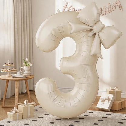40 Inch Cream Number 3 with Bow Balloons, Giant Self Inflating Beige Foil by KYGNE