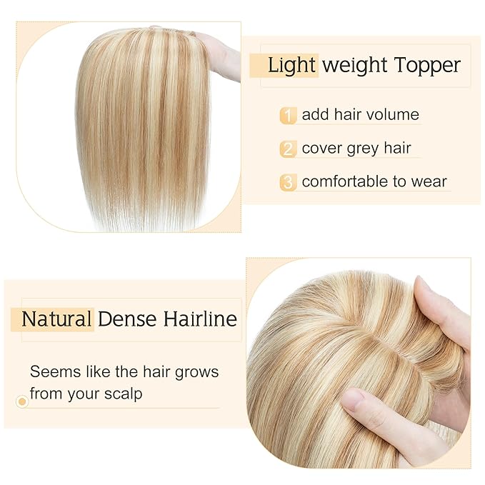 SEGO Human Hair Toppers for Women With Thinning Hair, 7 * 13CM Silk Base 100% Real Human Hair Clip in Top Wiglet Hairpieces -6 Inch No Bangs Golden Brown&Bleach Blonde