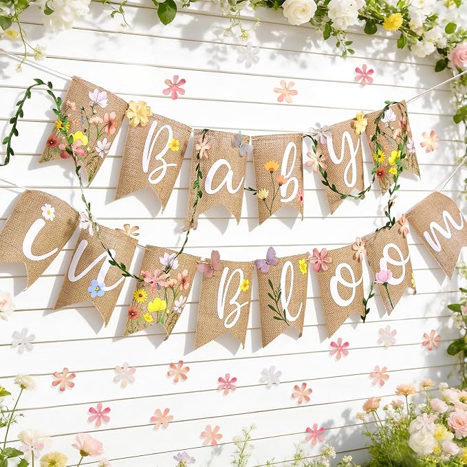Baby in Bloom Baby Shower Burlap Banner, Flower Themed Baby Shower Decorations by OBBOLO