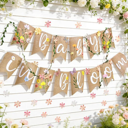 Baby in Bloom Baby Shower Burlap Banner, Flower Themed Baby Shower Decorations by OBBOLO