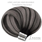 Lacer Grey Tape in Hair Extensions 18 Inch Natural Black to Silver Highlights Tape in Extensions with Natural Black Roots Color 20pcs/50g