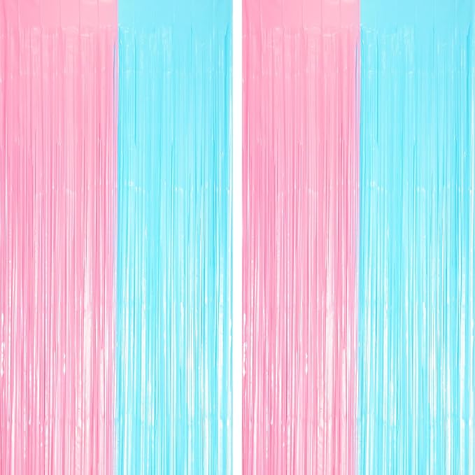 Voircoloria Pastel Blue Pink Fringe Backdrop Curtains, 2 Pack | Tinsel Streamers by Voircoloria