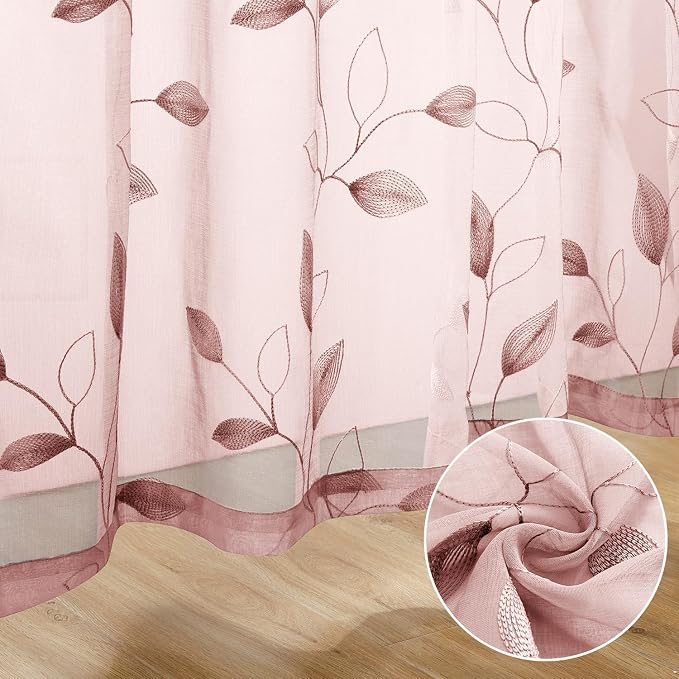 HOMEIDEAS Blush Pink Floral Sheer Curtains 63 Inches Long 2 Panels Embroidered - Image 5