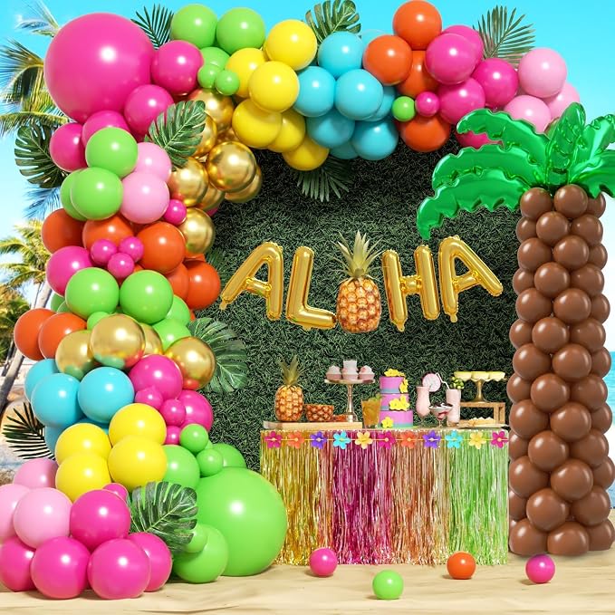 176pcs Tropical Luau Balloon Arch Kit in Pink Green Gold Orange Teal Yellow | by Leraqertra