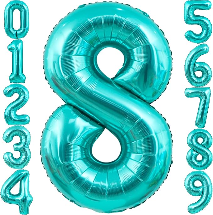 40 Inch Big Teal Blue Number 8 Foil 0-9 Mylar Helium Balloons | Large Digital by SULALABOO