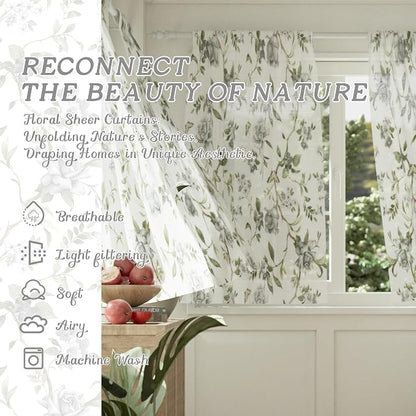 Sheer Curtains 45 Inch Length 2 Panels Set, Floral Patterned Linen Look - Image 2