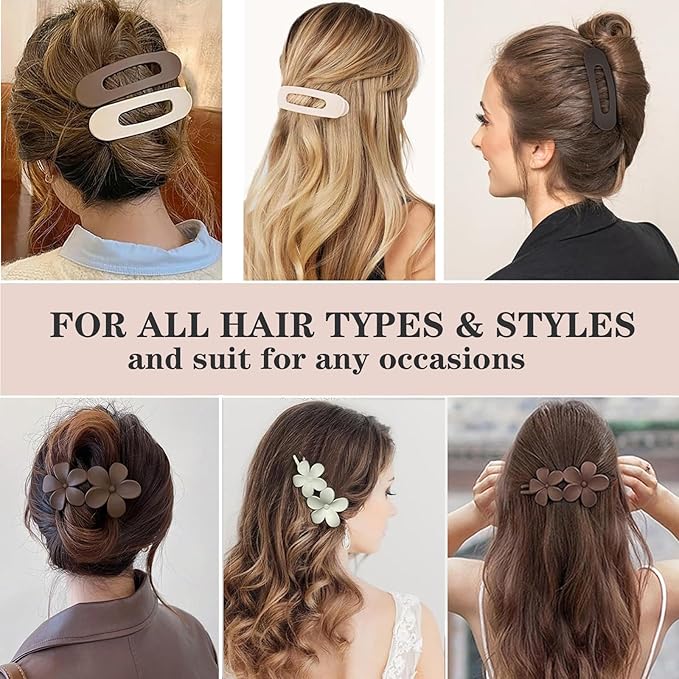5 Pcs Flat Hair Clips, Medium Lay Flat Claw Clips for Women Girls,2 Styles Strong Hold Non-slip Matte Hair Claws for Thick Thin Hair(Brown&White)