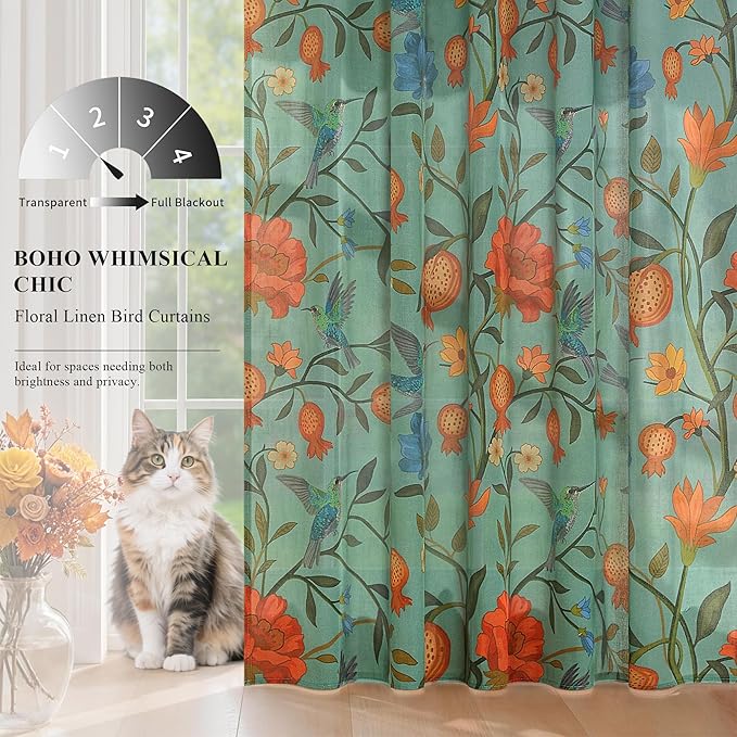 Green Floral Linen Curtains, Boho Whimsical Bird Print Curtains - Image 4