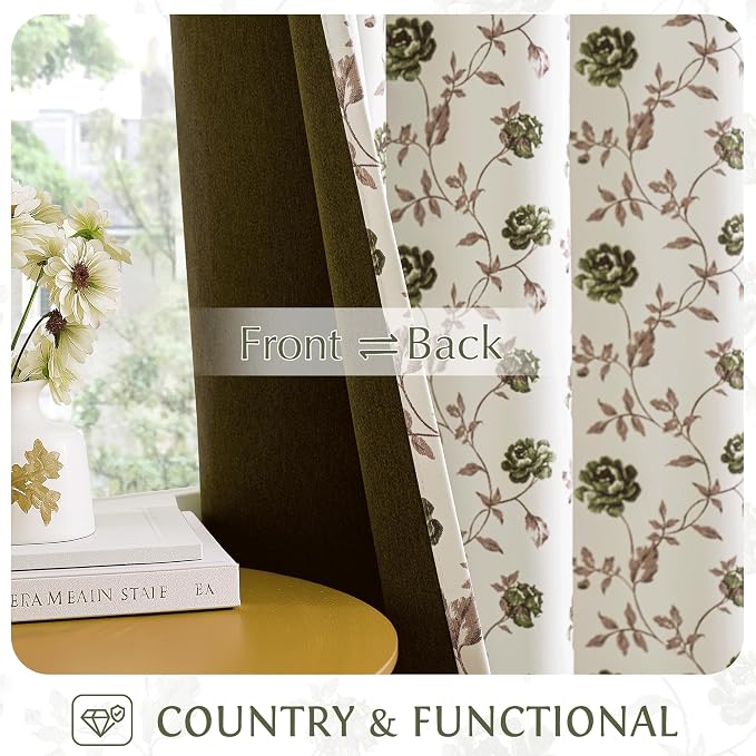 Beauoop Floral 100% Blackout Curtains Bedroom Green Brown 52x90 2 Panels | Rose - Image 3