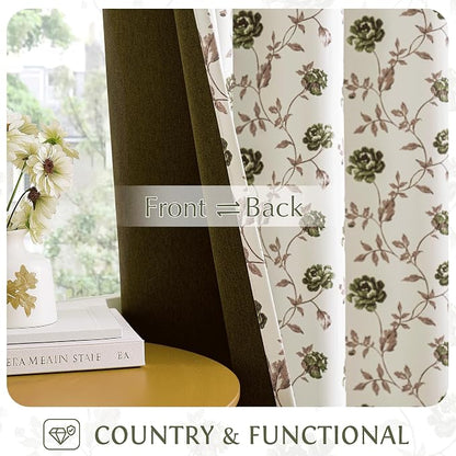 Beauoop Floral 100% Blackout Curtains Bedroom Green Brown 52x54 2 Panels | Rose - Image 3