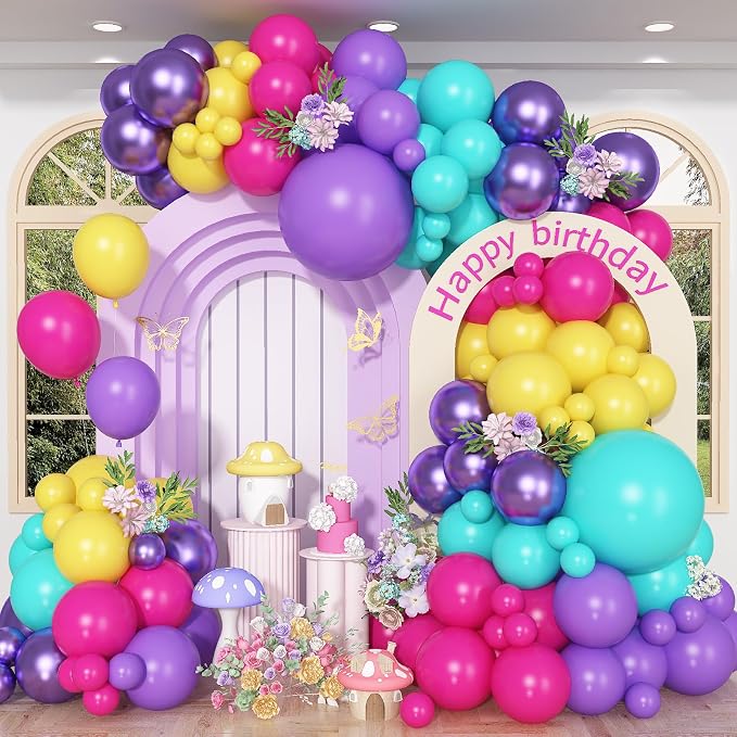 HILAVO Pink Blue Purple Balloons Garland Arch Kit 132 Pcs Hot Pink Metallic by HILAVO