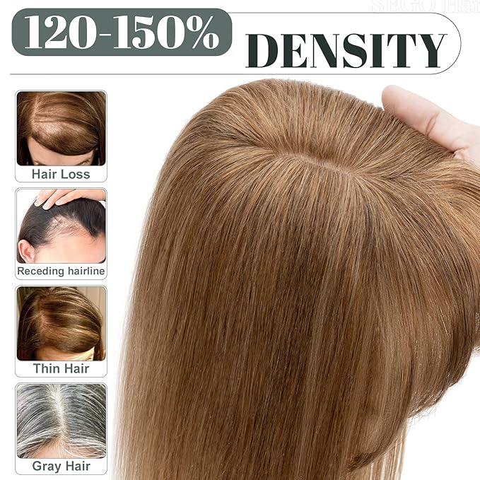 SEGO Hair Toppers for Women Real Human Hair with Thinning Hair, Toppers Hair Pieces Clip in Toppers Straight Hair Pieces with Front Bangs 150% Density Silk Base -14 Inch #6 Light Brown