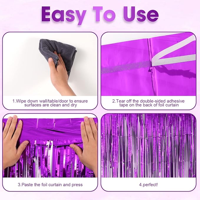 Voircoloria Purple Foil Fringe Backdrop Curtains, 3 Pack | Tinsel Streamers - Image 4
