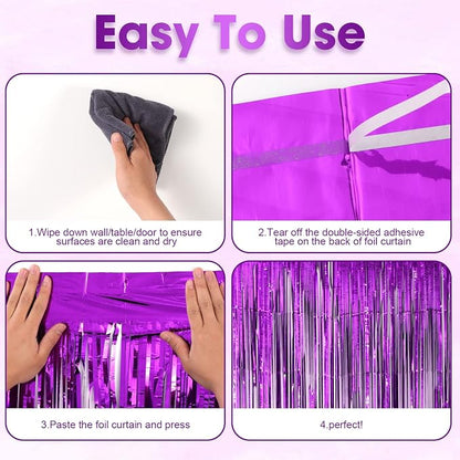 Voircoloria Purple Foil Fringe Backdrop Curtains, 3 Pack | Tinsel Streamers - Image 4