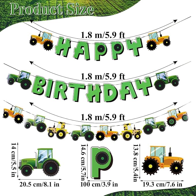 SUNBEAUTY Green Tractor Happy Birthday Banner Set - Image 2