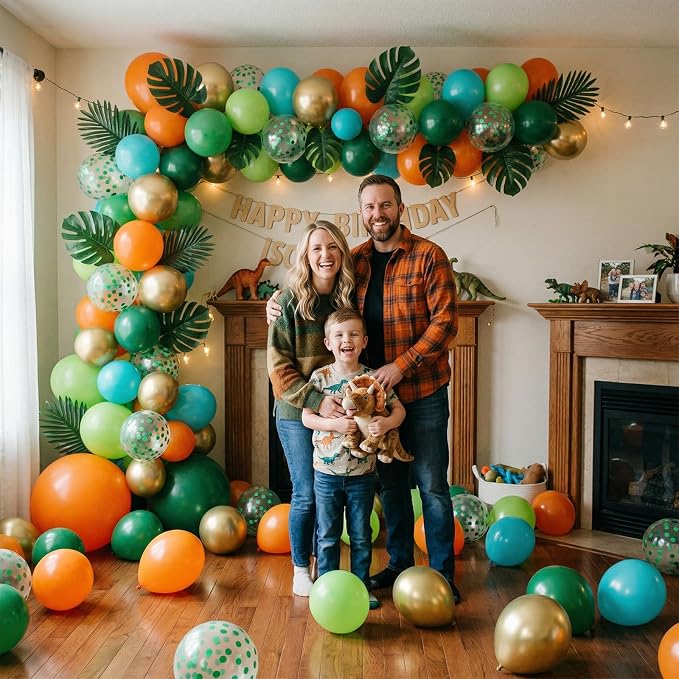 Dinosaur Balloons Set, 12 Inch Dark Green Teal and Orange Balloons, Metallic - Image 6