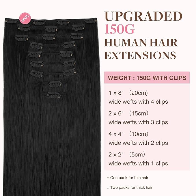 GOO GOO Clip in Hair Extensions Real Human Hair, Remy Human Hair Extensions Clip ins for Women, Natural Human Hair, 26inch 260g 9Pcs, #1 Jet Black