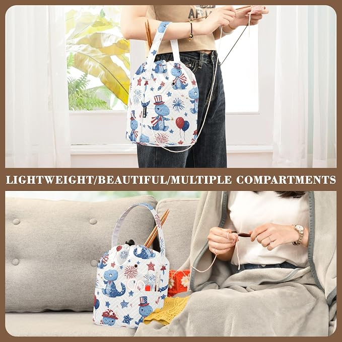 Blue Dinosaurs Stars Balloons Fireworks Yarn Bag Small Crochet Bag Drawstring - Image 5