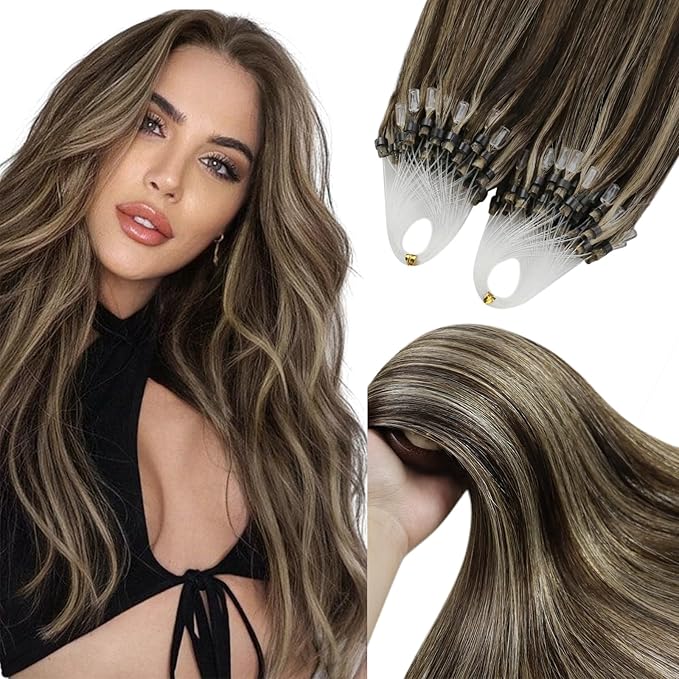YoungSee Micro Link Hair Extensions Human Hair Highlight Micro Loop Hair Extensions Real Human Hair Dark Brown Highlighted Blonde Invisible Beaded Hair Extension Long Hair 24In for Wedding 50g 50s