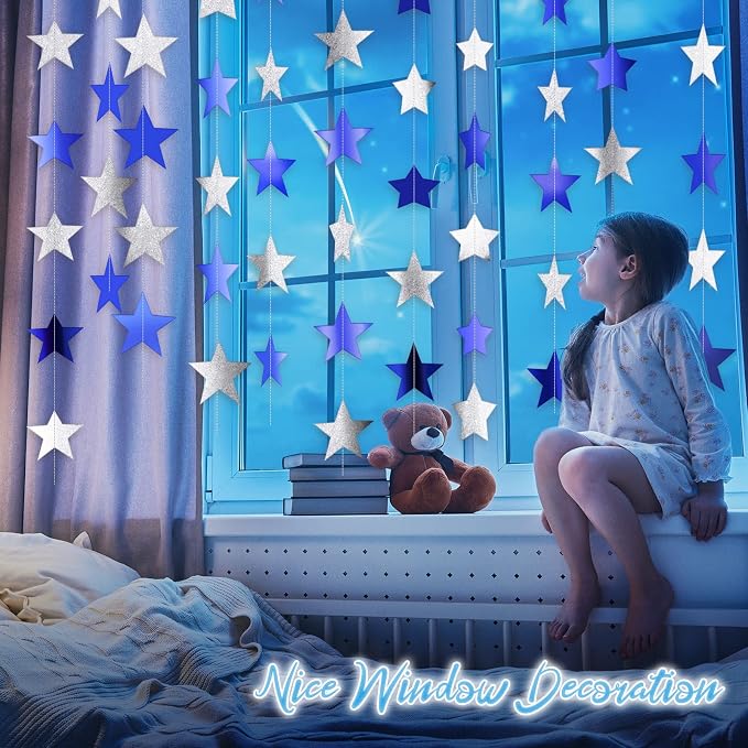 Patelai 130 ft Star Garland Banner Decor, Ocean Blue, Glitter Silver - Image 5