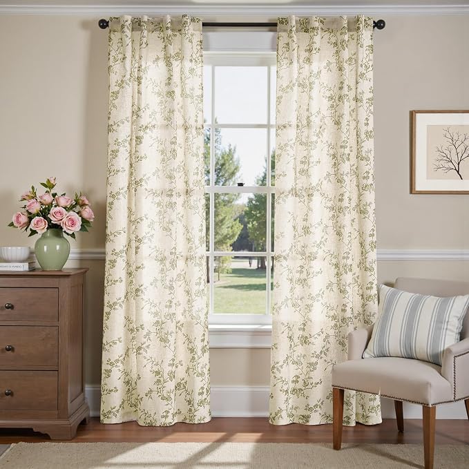 jinchan Green Floral Linen Curtains 90 Inch Flower Drapes Back Tab 2 Panels | - Image 2