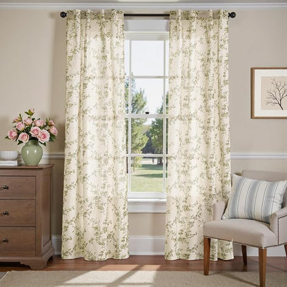 jinchan Green Floral Linen Curtains 90 Inch Flower Drapes Back Tab 2 Panels | - Image 2