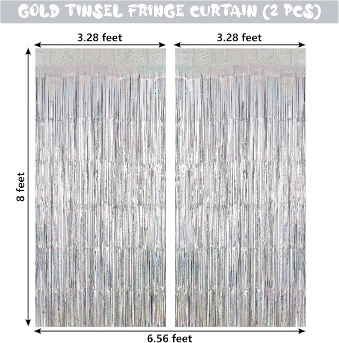 Silver Tinsel Foil Fringe Curtain Backdrop, 3.3 x 8.2 ft Metallic Glitter - Image 3