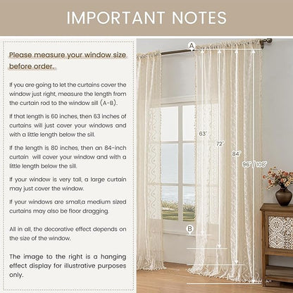 WAZZIO Boho Lace Curtains 2 Panels 84 Inches Long-Cute Vintage Victorian Sheer - Image 8