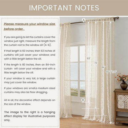 WAZZIO Boho Lace Curtains 2 Panels 90 Inches -Cute Vintage Victorian Sheer - Image 8