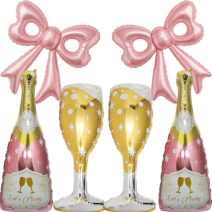 6 Pcs Pink Bow Balloons, Huge Rose Gold Champagne Bottle Goblet Aluminum Foil by BSRESIN