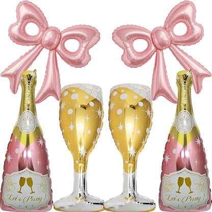 6 Pcs Pink Bow Balloons, Huge Rose Gold Champagne Bottle Goblet Aluminum Foil by BSRESIN