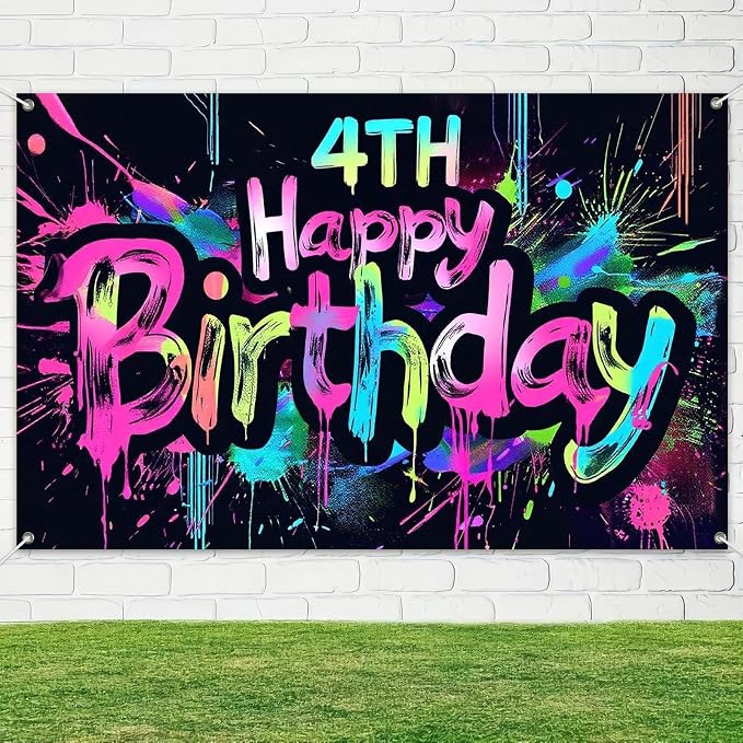 HOMETITUTE Neon 4th Birthday Party Banner 71x43 Inch Paint Splatter Walls Decor - Image 4