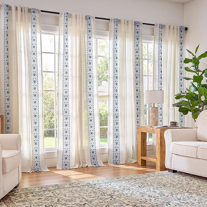 jinchan Floral Linen Curtains Embroidered Back Tab 50x84in 2 Panels Blue | - Image 2