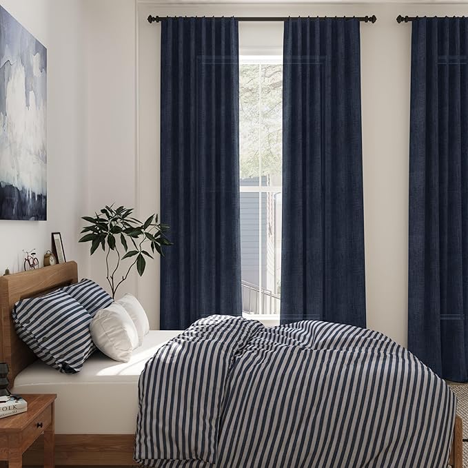 Navy Blue Linen Blend Drapes 84 Inch Length 2 Panels Set Back Tab Rod Pocket - Image 7