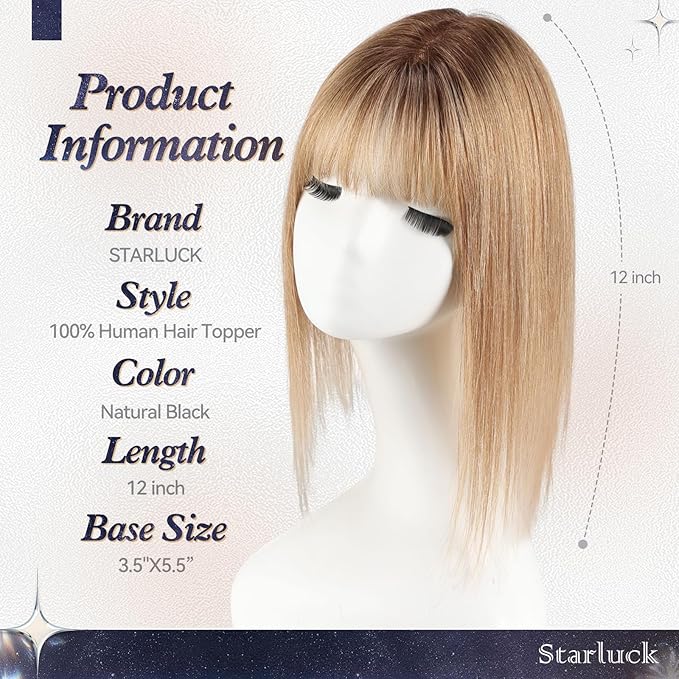 starluck Human Hair Toppers for Women Real Human Hair With Bangs 4 * 5.5 inch Base 12 inch SilkHug Topper for Women with Thinning Hair Cover Grey Roots(Ombre Light Brown)
