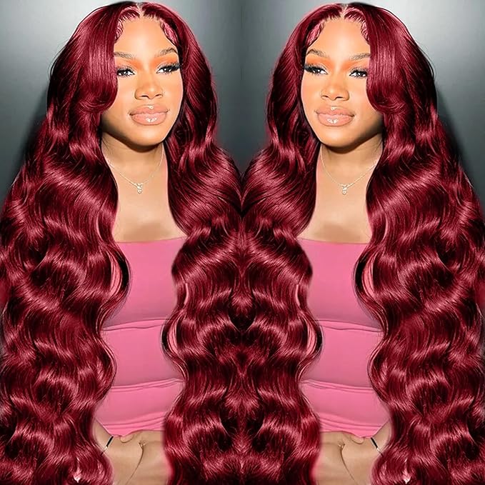 99J Burgundy Wig Human Hair 13x4 Body Wave Lace Front Wigs Human Hair 180 Density Pre Plucked Glueless Wine Red Colored Lace Front Wig for Women 32 Inch