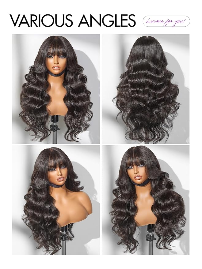 LUVME HAIR 7x6 HD Lace All-Day Comfort Wig with Bangs 200% Density Hair PartingMax Lace Wigs Loose Body Wave Lace Front Wigs Human Hair Pre Cut Plucked Lace Frontal Glueless 16 Inches