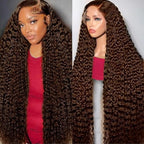 26 Inch Chocolate Brown Deep Wave Lace Front Wigs Human Hair Pre Plucked 200% Density 13x6 HD Lace Frontal Wigs with Baby Hair Deep Curly Wet and Wavy Glueless Wigs for Women (4# Brown, 26 Inch)